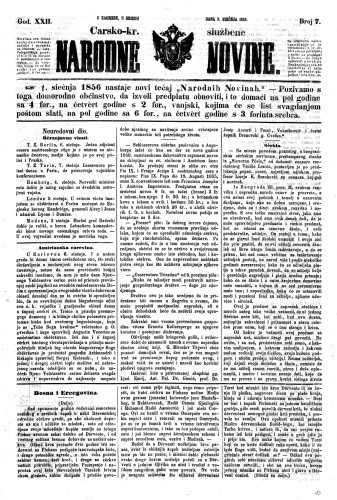 Carsko-kr. službene narodne novine : 22,7(1856) / privremeni učrednik Dr. Demeter.