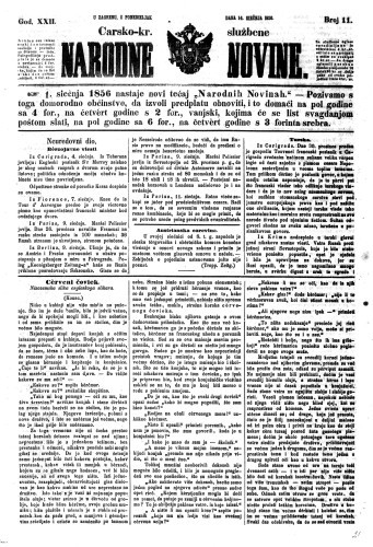 Carsko-kr. službene narodne novine : 22,11(1856) / privremeni učrednik Dr. Demeter.