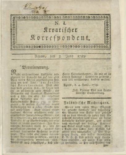 Kroatischer Korrespondent : 1,1(1789)   / [Johann Thomas].