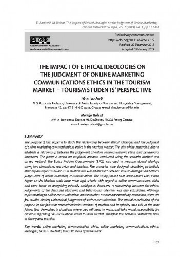 The impact of ethical ideologies on the judgment of online marketing communications ethics in the tourism market : tourism students’ perspective / Dina Lončarić, Mateja Balent.
