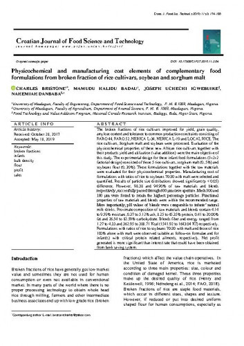 Physicochemical and manufacturing cost elements of complementary food formulations from broken fraction of rice cultivars, soybean and sorghum malt / Charles Bristone, Mamudu Halidu Badau, Joseph Uchechi Igwebuike, Nahemiah Danbaba.