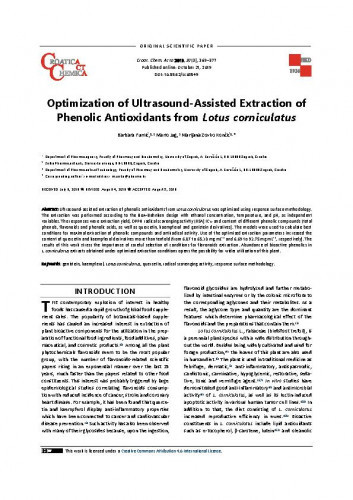Optimization of ultrasound-assisted extraction of phenolic antioxidants from Lotus corniculatus / Barbara Fumić, Mario Jug, Marijana Zovko Končić.