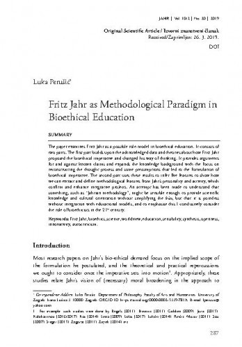Fritz Jahr as methodological paradigm in bioethical education / Luka Perušić.