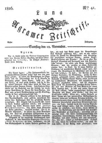 Luna Agramer Zeitschrift : 1,41(1826) / Herausgeber und Redacteurs F. S. Stauduar.