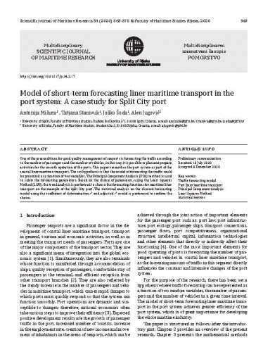 Model of short-term forecasting liner maritime transport in the port system : a case study for Split City port / Antonija Mišura, Tatjana Stanivuk, Joško Šoda, Alen Jugović.