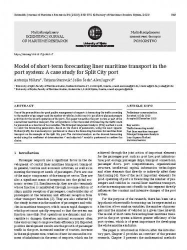 Model of short-term forecasting liner maritime transport in the port system : a case study for Split City port / Antonija Mišura, Tatjana Stanivuk, Joško Šoda, Alen Jugović.