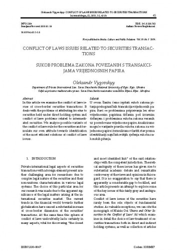 Conflict of laws issues related to securities transactions = Sukob problema zakona povezanih s transakcijama vrijednosnih papira / Oleksandr Vygovskyy.