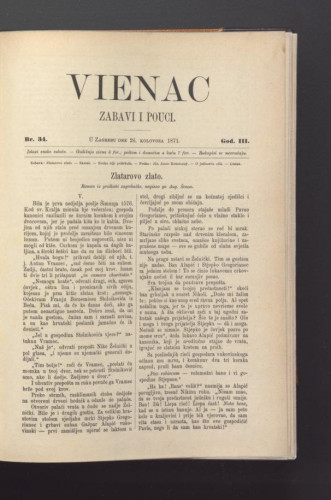 Vienac : zabavi i pouci. : 3,34(1871) / urednik Ivan Dežman.