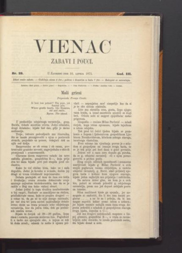Vienac : zabavi i pouci. : 3,23(1871) / urednik Ivan Dežman.