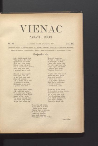 Vienac : zabavi i pouci. : 3,46(1871) / urednik Ivan Dežman.