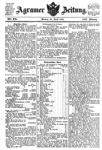 Agramer Zeitung : 29,94(1854) / für die Redaktion verantwortlich Ivan Sonvan. 