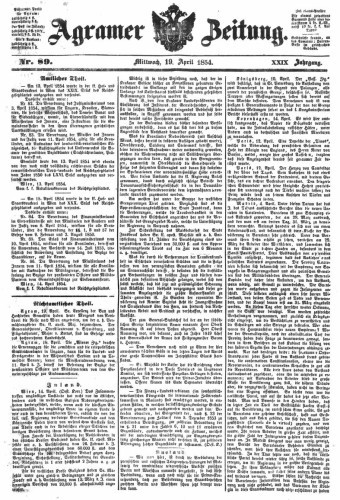 Agramer Zeitung : 29,89(1854) / für die Redaktion verantwortlich Ivan Sonvan. 