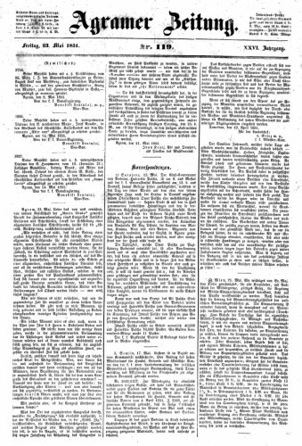 Agramer Zeitung : 26,119(1851) / für die Redaktion verantwortlich Ivan Sonvan