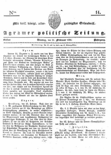 Agramer politische Zeitung : 11,14(1836) / Verlager und Redacteur Franz Stauduar und Ferd. Rosenau.