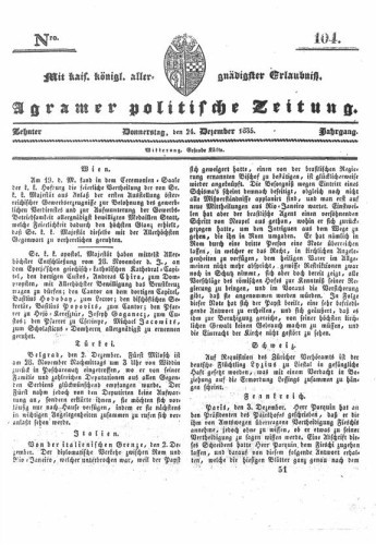 Agramer politische Zeitung : 10,104(1835) / Verlager und Redacteur Franz Stauduar und Ferd. Rosenau.