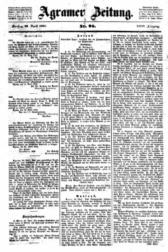Agramer Zeitung : 26,96(1851) / für die Redaktion verantwortlich Ivan Sonvan