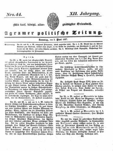 Agramer politische Zeitung : 12,44(1837) / Verlager und Redacteur Franz Stauduar und Ferd. Rosenau.