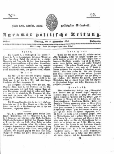 Agramer politische Zeitung : 11,92(1836) / Verlager und Redacteur Franz Stauduar und Ferd. Rosenau.