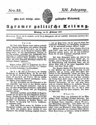 Agramer politische Zeitung : 12,15(1837) / Verlager und Redacteur Franz Stauduar und Ferd. Rosenau.