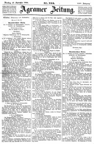 Agramer Zeitung : 25,213(1850) / für die Redaktion verantwortlich Ivan Sonvan