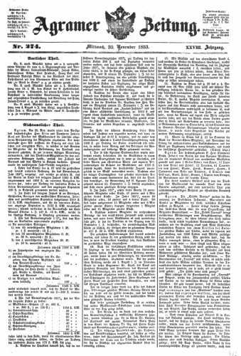 Agramer Zeitung : 28,274(1853) / Redakteur und Verleger F. S. Stauduar.
