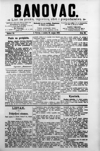 Banovac  : list za pouku, trgovinu, obrt i gospodarstvo : 22,28(1909) / odgovorni urednik Dragutin Benko.