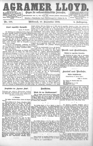 Agramer Lloyd  : organ für volkswirtschaftliche Interessen : 5,159(1902) / verantwortlicher Redacteur E. L. Blau.
