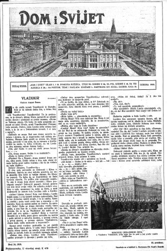 Dom i sviet  : ilustrovani list za zabavu, pouku i viesti dnevnih dogadjaja, javnom i društvenom životu, umjetnosti i znanosti, trgovini, obrtu, glazbi i kazalištu : 32,24(1919) / urednik Rudolf Kugli.