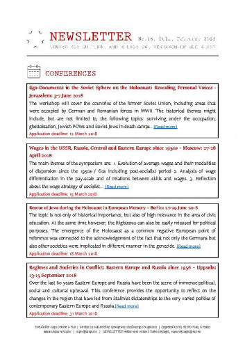 Newsletter : 16(2018) / Centre for Cultural and Historical Research of Socialism = Centar za kultorološka i povijesna istraživanja socijalizma ; editor Saša Vejzagić.