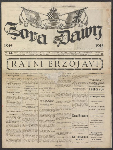 Zora : jedina hrvatska novina u cijeloj Australaziji = The Dawn : the only Croatian newspaper in all Australasia : 3, 44(1915).