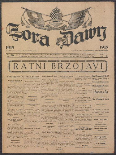 Zora : jedina hrvatska novina u cijeloj Australaziji = The Dawn : the only Croatian newspaper in all Australasia : 3, 28(1915).