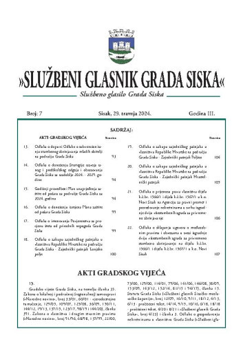 Službeni glasnik Grada Siska  : službeno glasilo Grada Siska : 3,7(2024) / uredništvo Gordana Karapandža Prica ... [et al.].