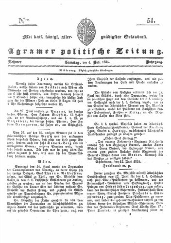 Agramer politische Zeitung : 10,54(1835) / Verlager und Redacteur Franz Stauduar und Ferd. Rosenau.