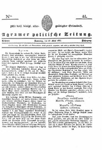 Agramer politische Zeitung : 10,44(1835) / Verlager und Redacteur Franz Stauduar und Ferd. Rosenau.