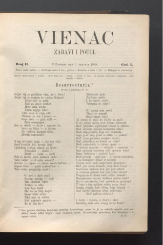 Vienac : zabavi i pouci. : 1,11(1869) / urednik Gjuro Deželić.