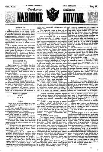Carsko-kr. službene narodne novine : 22,17(1856)  / privremeni učrednik Dr. Demeter.