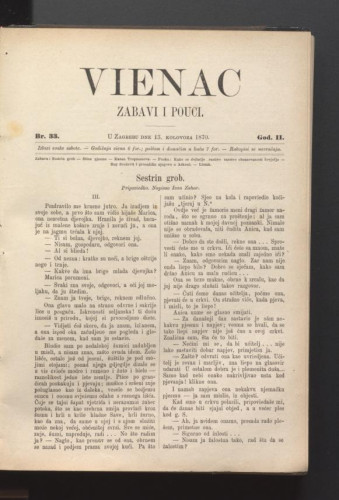 Vienac : zabavi i pouci. : 2,33(1870) / urednik Ivan Perkovac.