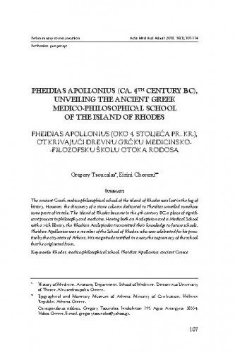 Pheidias Apollonius (ca. 4th century BC), unveiling the ancient Greek medico philosophical school of the island of Rhodes /Gregory Tsoucalas, Eirini Choremi.