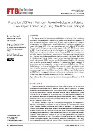 Production of different mushroom protein hydrolysates as potential flavourings in chicken soup using stem bromelain hydrolysis / San-San Ang, Mohammad Rashedi Ismail-Fitry.