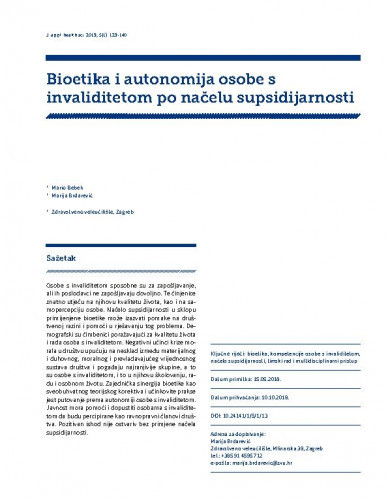 Bioetika i autonomija osobe s invaliditetom po načelu supsidijarnosti / Mario Bebek, Marija Brdarević.