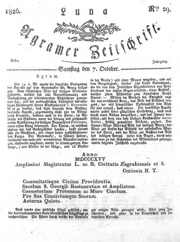 Luna Agramer Zeitschrift : 1,29(1826) / Herausgeber und Redacteurs F. S. Stauduar.