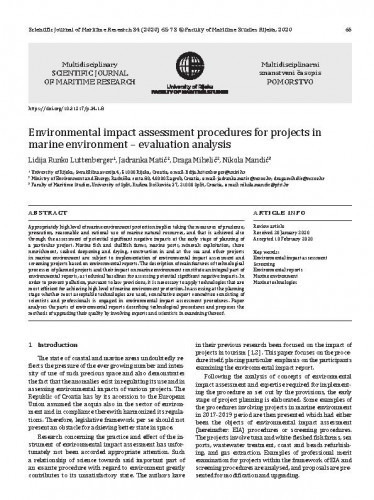 Environmental impact assessment procedures for projects in marine environment : evaluation analysis / Lidija Runko Luttenberger, Jadranka Matić, Draga Mihelić, Nikola Mandić.
