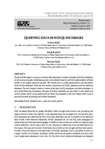 Querying data in NoSQL databases / Andrea Babić, Danijela Jakšić, Patrizia Poščić.