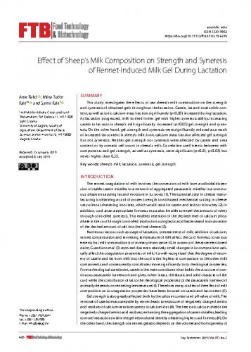 Effect of sheep's milk composition on strength and syneresis of rennet-induced milk gel during lactation / Ante Rako, Milna Tudor Kalit, Samir Kalit.
