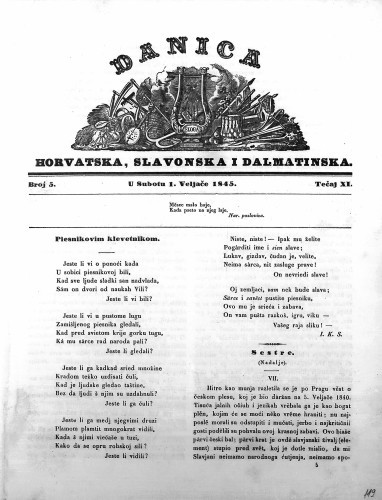 Danica horvatska, slavonska i dalmatinska : 11,5(1845)  / učrednik Ljudevit Gaj.