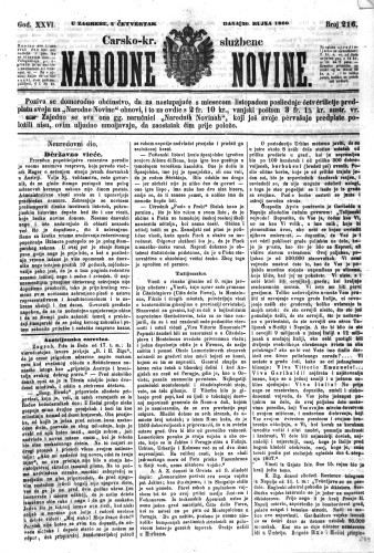 Carsko-kr. službene narodne novine : 26,216(1860)  / odgovorni učrednik Dr. Demeter.