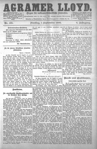 Agramer Lloyd  : organ für volkswirtschaftliche Interessen : 6,185(1903) / verantwortlicher Redacteur E. L. Blau.