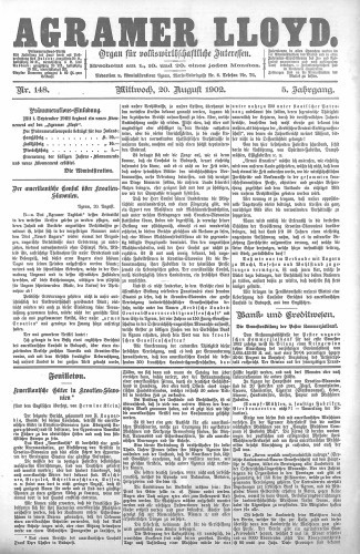Agramer Lloyd  : organ für volkswirtschaftliche Interessen : 5,148(1902) / verantwortlicher Redacteur E. L. Blau.
