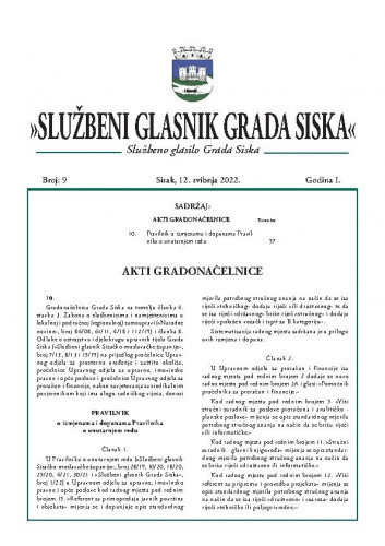 Službeni glasnik Grada Siska : službeno glasilo Grada Siska : 1,9(2022) / uredništvo Gordana Karapandža Prica ... [et al.].