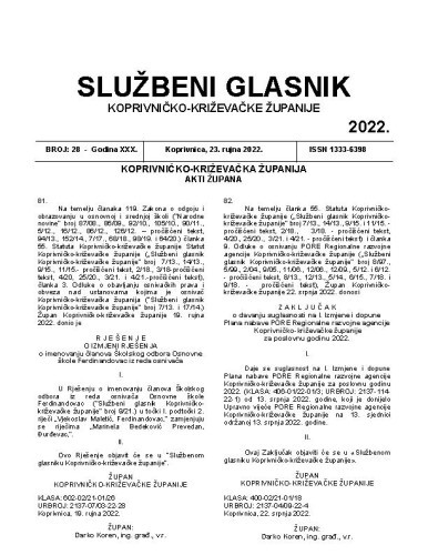 Službeni glasnik Koprivničko-križevačke županije : 30,28 (2022)   / glavni i odgovorni urednik Marina Jakšić.